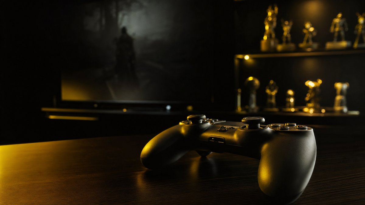 A console and controller lit by a warm gold accent light, set against a dark background.