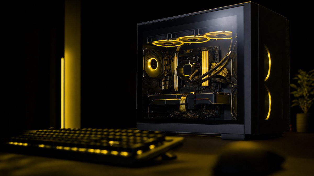 A tower gaming PC with its internals lit by a warm gold glow.