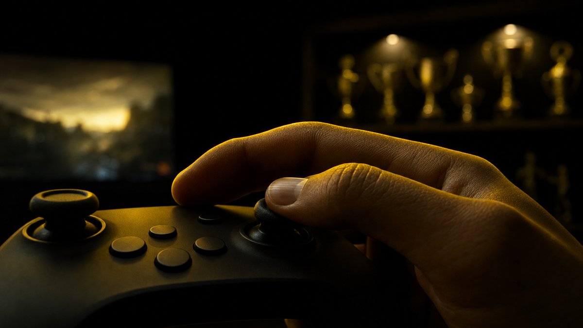 An unbranded next-gen console and controller lit by a warm gold accent light.