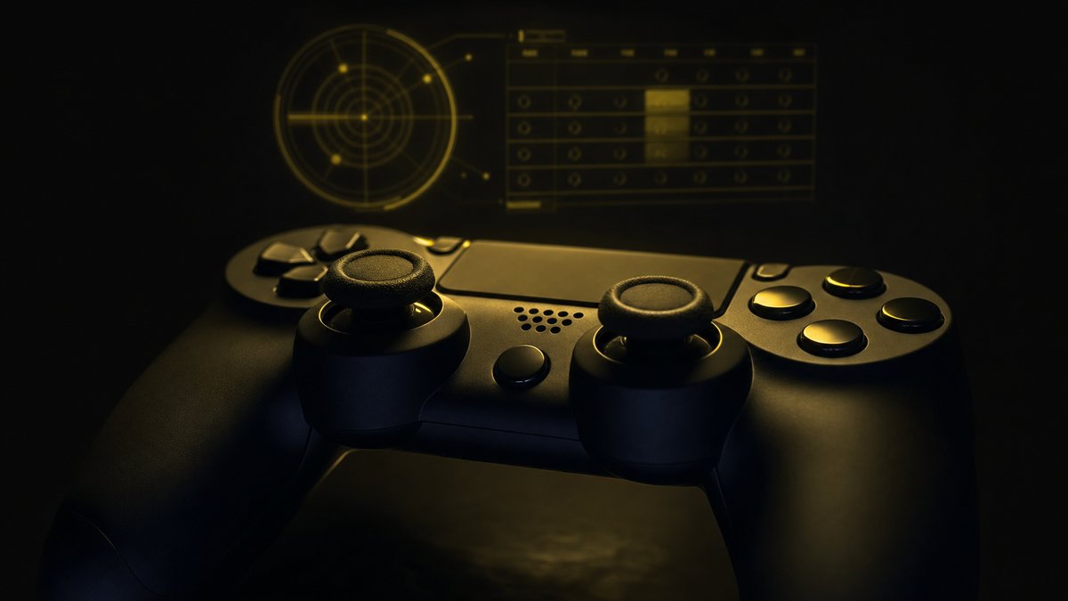 A game controller resting in the dark beneath a faint holographic glow.