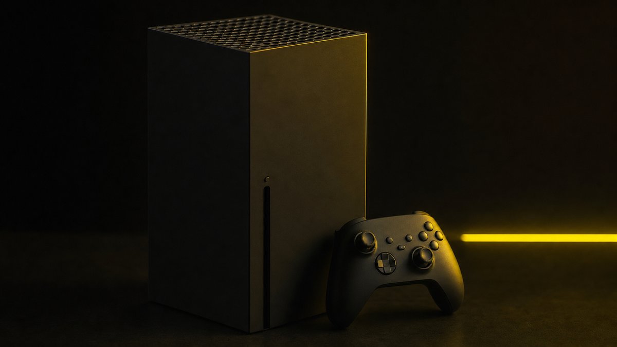 A matte-black next-gen console with gold rim lighting along its edges.
